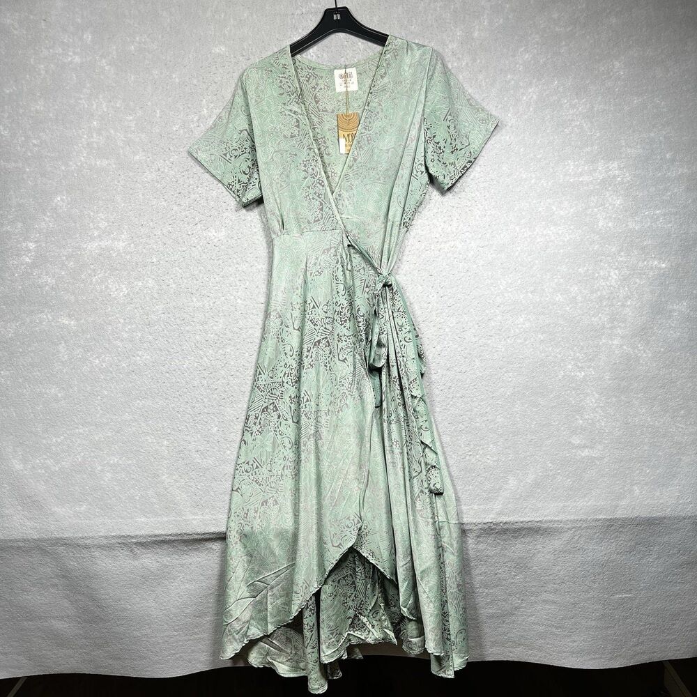 MORA Boho Wrap Dress Women’s Size One Size Green Flare Short Sleeve NWT